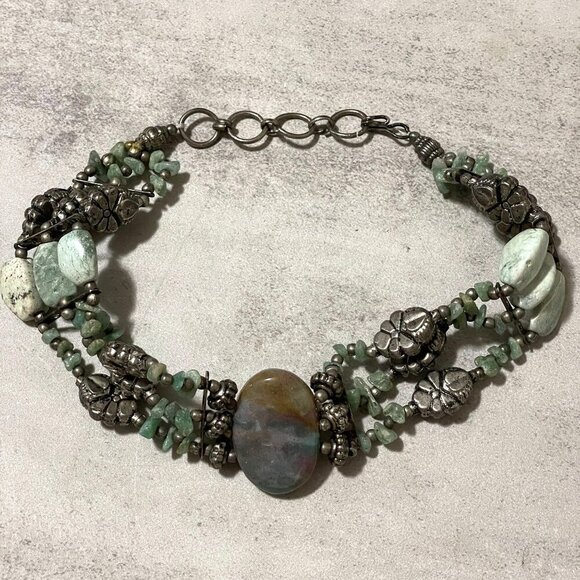 Handmade Genuine Agate Stone Three Row Silver Tone Choker Boho Necklace 14"-16" - Picture 2 of 9